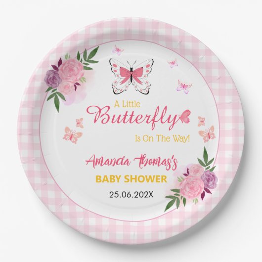 Pink A Little Butterfly Is On The Way Baby Shower  ペーパープレート (正面)