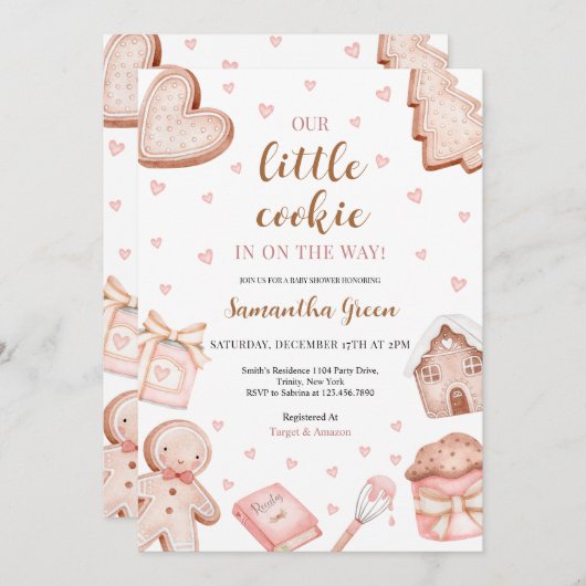Pink A Little Cookie Baby Shower 招待状 (正面/裏面)