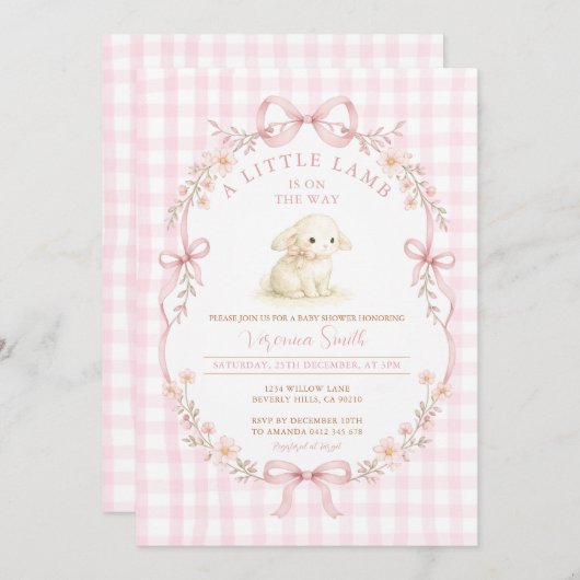 Pink A Little Lamb Is On the Way Invitation 招待状 (正面/裏面)