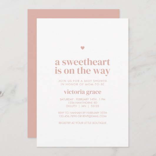 Pink A Little Sweetheart Baby Shower 招待状 (正面/裏面)