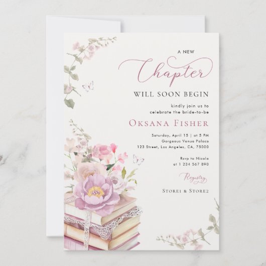 Pink a New Chapterが始まるブックテーマブライダルシャワー 招待状 (正面)