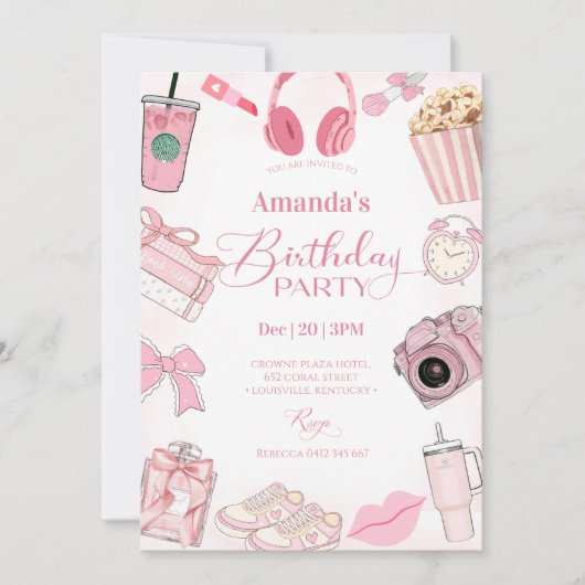 Pink Aesthetic Girl Birthday Party Invitation 招待状 (正面)