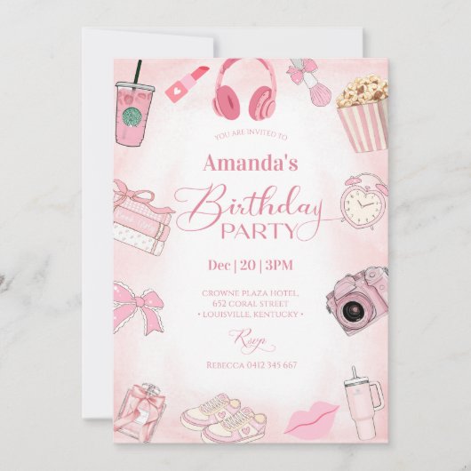 Pink Aesthetic Girl Birthday Party Invitation 招待状 (正面)