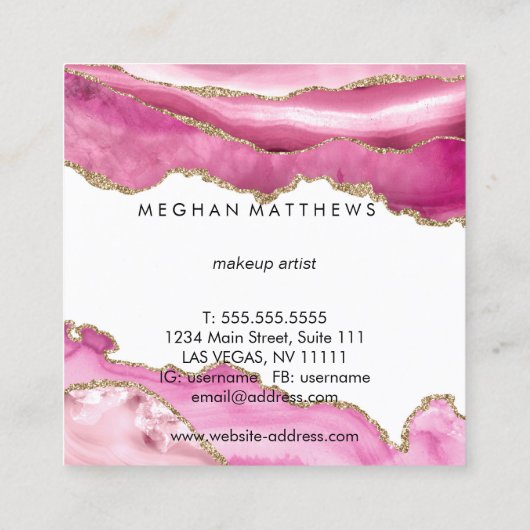 Pink Agate Gold Sparkle Beauty Stylist  Makeup スクエア名刺 (裏面)