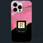 Pink Agate, Name & Monogram, Black & Gold Box Case-Mate iPhone 14 Pro Maxケース<br><div class="desc">Personalize your name in gold and monogram in black on trendy black and gold box and pink agate.</div>