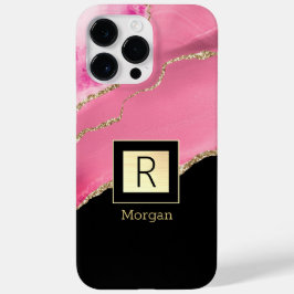 Pink Agate, Name & Monogram, Black & Gold Box Case-Mate iPhone 14 Pro Maxケース