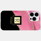Pink Agate, Name & Monogram, Black & Gold Box Case-Mate iPhoneケース (裏面 (横))
