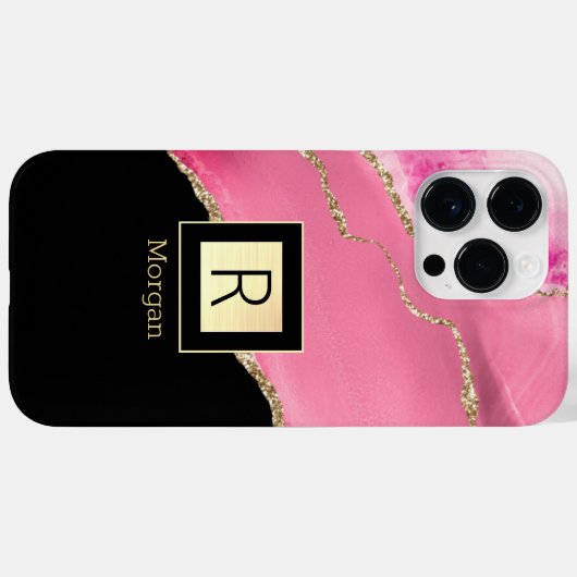 Pink Agate, Name & Monogram, Black & Gold Box Case-Mate iPhoneケース (裏面 (横))