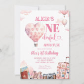 Pink Air Balloon Girl Oneferdul World 1st Birthday 招待状 (正面)