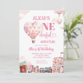 Pink Air Balloon Girl Oneferdul World 1st Birthday 招待状 (スタンド正面)