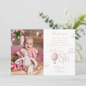 Pink Air Balloon Photo 1st Birthday Party サンキューカード (スタンド正面)