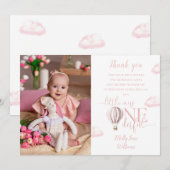 Pink Air Balloon Photo 1st Birthday Party サンキューカード (正面/裏面)