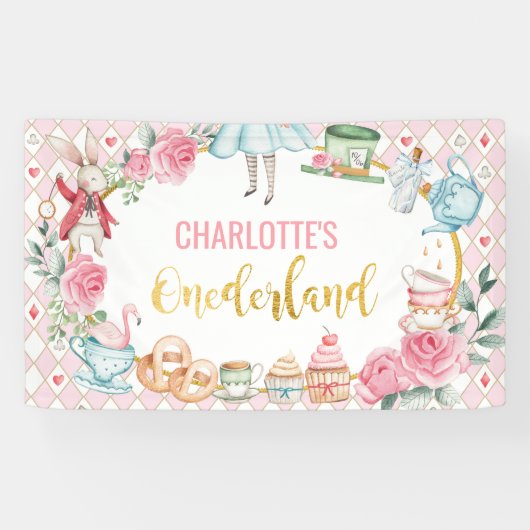 Pink Alice in Onederland 1st Birthday Backdrop 横断幕 (横)