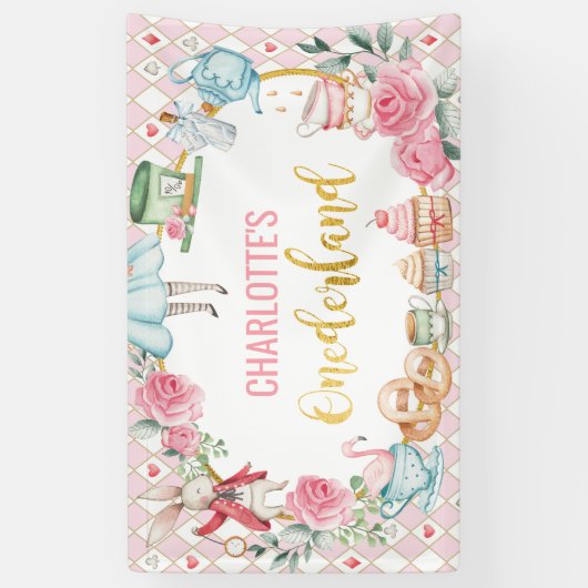 Pink Alice in Onederland 1st Birthday Backdrop 横断幕 (縦)