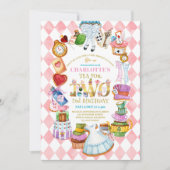 Pink Alice in Wonderland 2nd birthday Invitation 招待状 (正面)