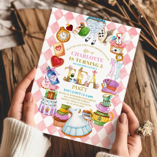 Pink Alice in Wonderland 5th birthday Invitation 招待状