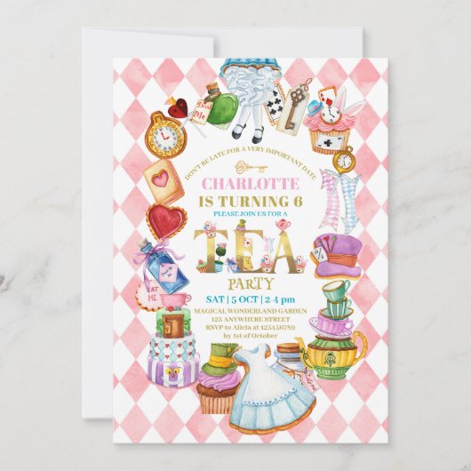 Pink Alice in Wonderland 6th birthday Invitation 招待状 (正面)