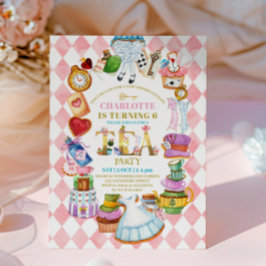 Pink Alice in Wonderland 6th birthday Invitation 招待状