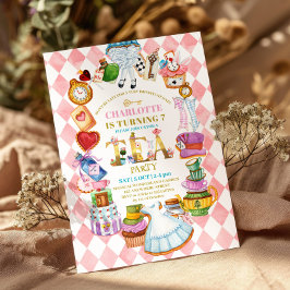 Pink Alice in Wonderland 7th birthday Invitation 招待状