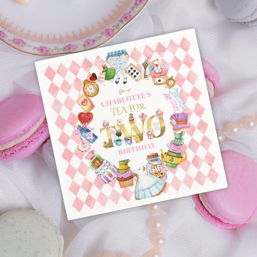 Pink Alice in Wonderland Tea for Two Birthday   スタンダードカクテルナプキン