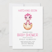 Pink All in One Dinosaur Hatching Soon Baby Shower 招待状 (正面)