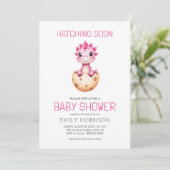 Pink All in One Dinosaur Hatching Soon Baby Shower 招待状 (スタンド正面)