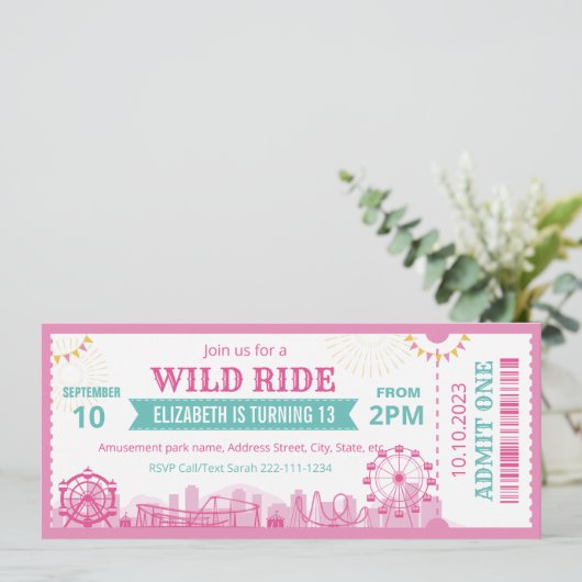 Pink Amusement Park Birthday Invitation Ticket  招待状 (スタンド正面)