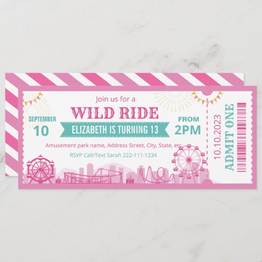 Pink Amusement Park Birthday Invitation Ticket 招待状 (正面/裏面)