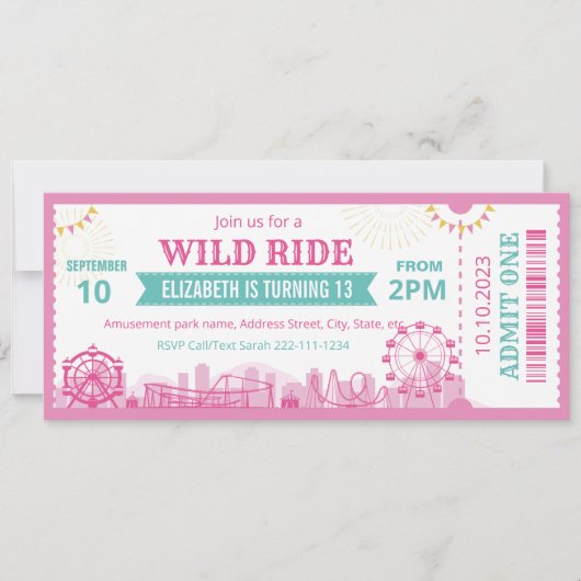 Pink Amusement Park Birthday Invitation Ticket 招待状 (正面)