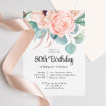 Pink and Beige Watercolor Floral 80th Birthday 招待状<br><div class="desc">A beautifully feminine 80th birthday party invitation to celebrate this special milestone birthday, this design features a lovely bouquet of watercolor poppies, roses, eucalyptus and trailing greenery in pastel beige, pink, green and blue-green. Celebrate the guest of honor in charming style with this unique invitation notch shaped design. Personalize the...</div>