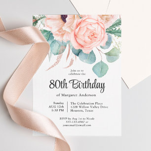 Pink and Beige Watercolor Floral 80th Birthday 招待状