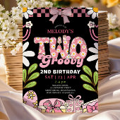 Pink and Black Daisy 2nd Birthday Retro Birthday 招待状
