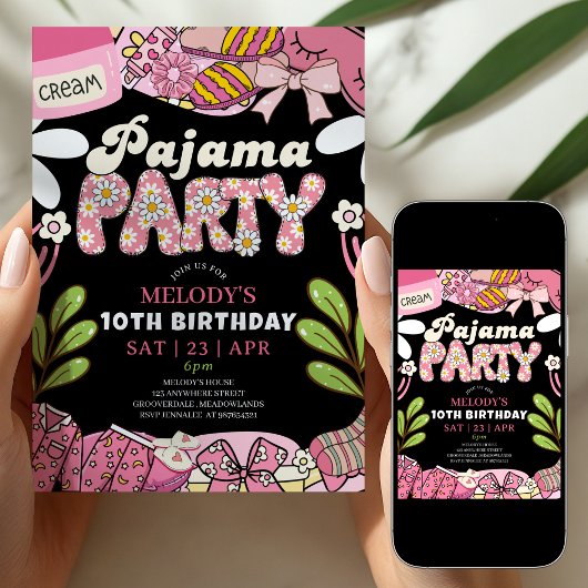 Pink and Black Daisy Pajama Party Birthday  招待状