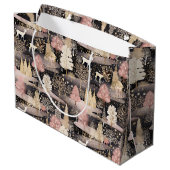 Pink and Black Elegant Snowy Deer Forest ラージペーパーバッグ (裏面アングル)