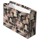 Pink and Black Elegant Snowy Deer Forest ラージペーパーバッグ (正面アングル)