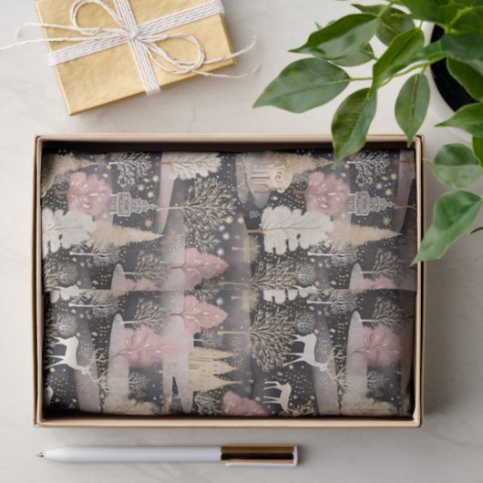 Pink and Black Elegant Snowy Deer Forest 薄葉紙 (ギフト)