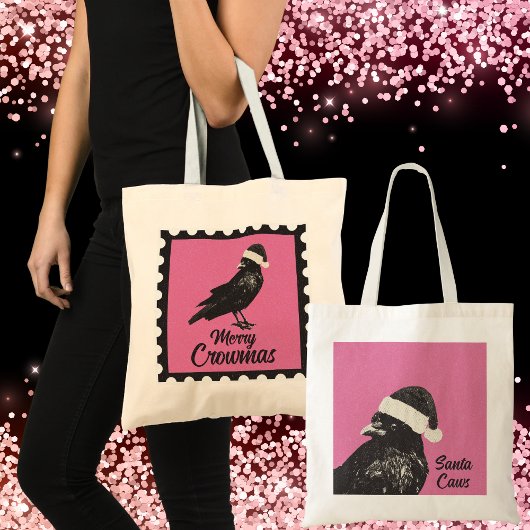 Pink and Black Gothic Crow Merry Crowmas Holiday トートバッグ