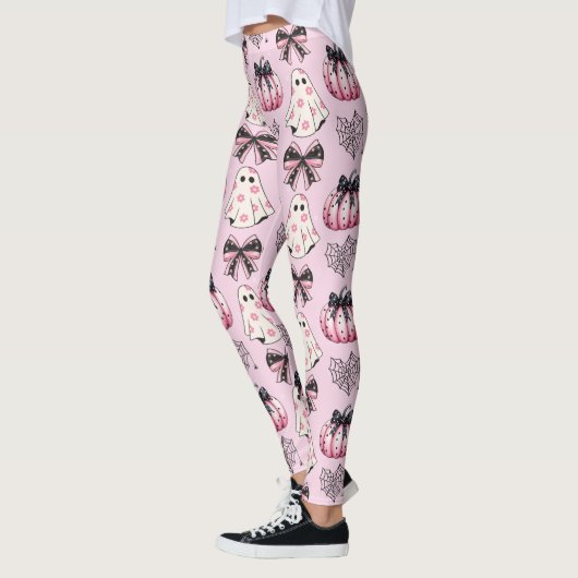 Pink and Black Pumpkins, Ghosts Halloween Leggings レギンス (左)