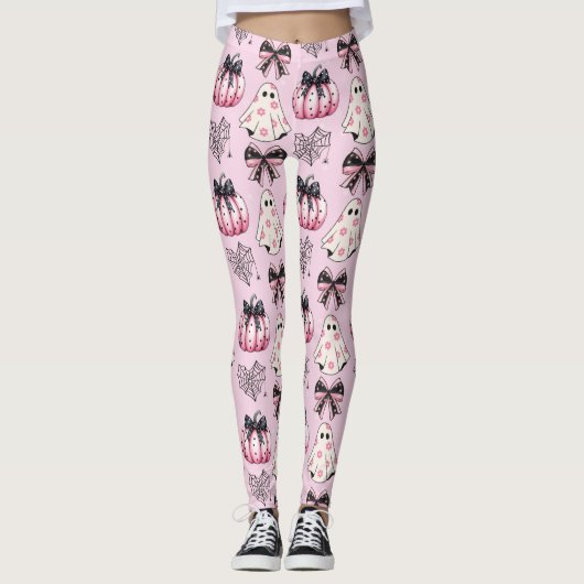 Pink and Black Pumpkins, Ghosts Halloween Leggings レギンス (正面)