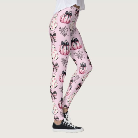 Pink and Black Pumpkins, Ghosts Halloween Leggings レギンス (右)