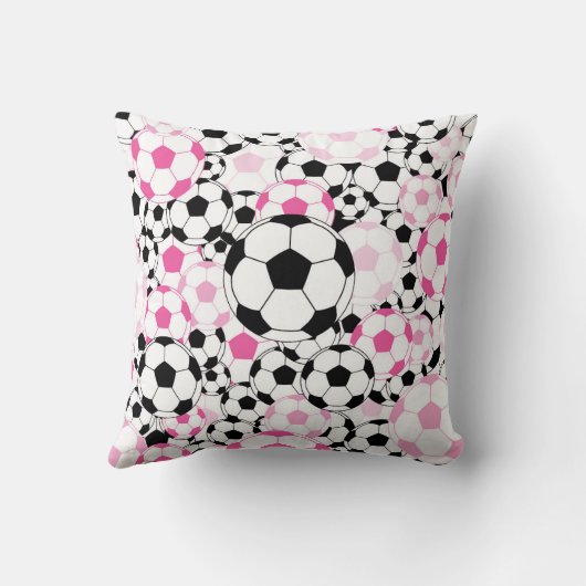 Pink and Black Soccer Ball Sports Fan Throw Pillow クッション (裏面)