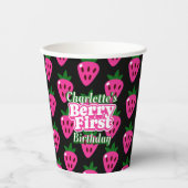 Pink and Black Strawberry Berry First Birthday 紙コップ (正面)