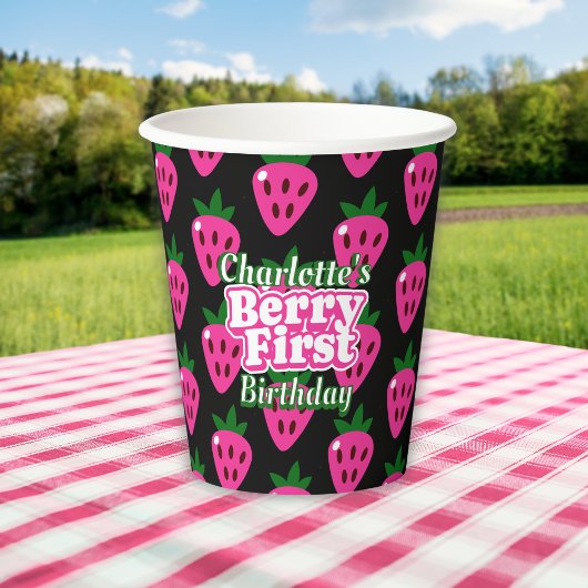 Pink and Black Strawberry Berry First Birthday 紙コップ