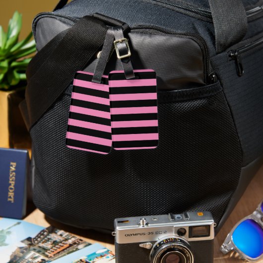 Pink and Black Stripes Luggage Tag ラゲッジタグ (正面&裏面)