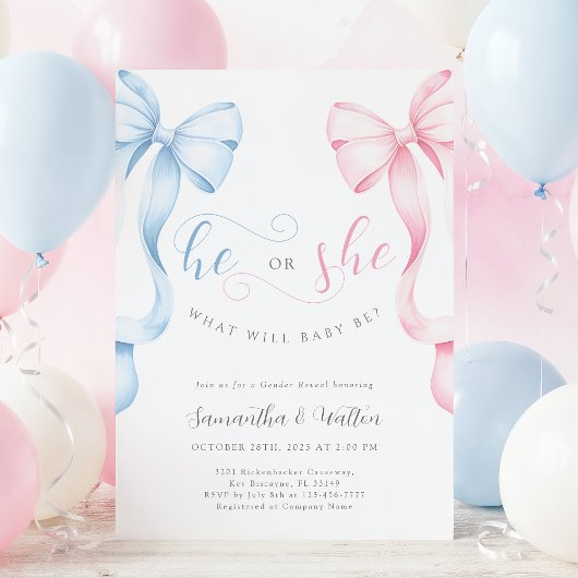 Pink and Blue Bows Gender Reveal Invitation 招待状
