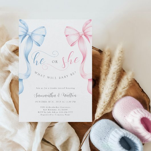 Pink and Blue Bows Gender Reveal Invitation 招待状