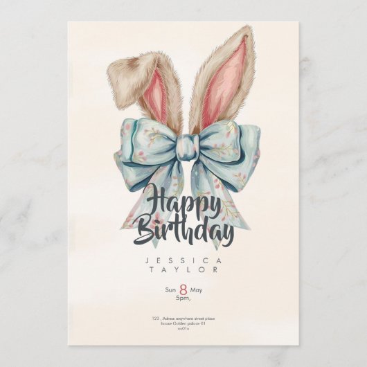 Pink and blue Bunny bow Birthday invitation 招待状 (正面)