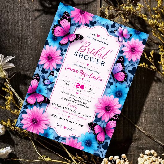 Pink and Blue Butterfly Bridal Shower Invitation 招待状