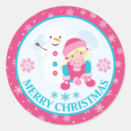 Pink and Blue Christmas Snow Girl and Snowman ラウンドシール