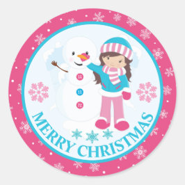 Pink and Blue Christmas Snow Girl and Snowman ラウンドシール